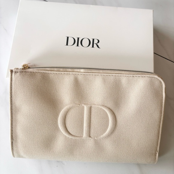 DIOR Beige Cosmetic Pouch Clutch Makeup Bag Case Embossed Logo New - Picture 3 of 17